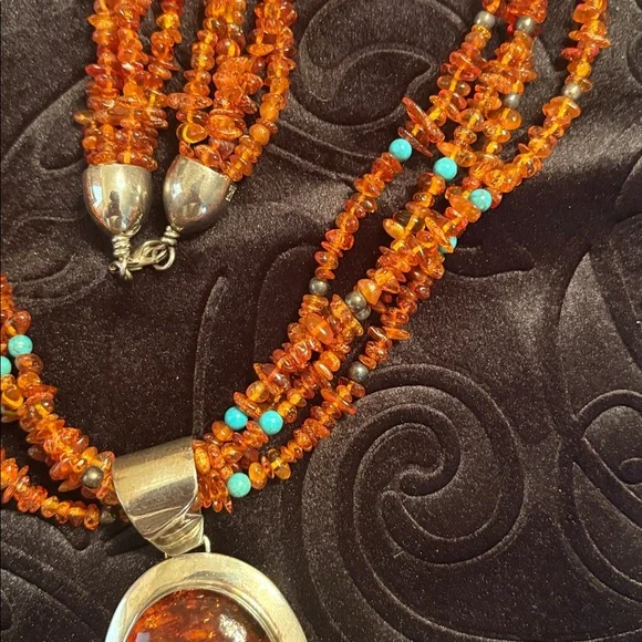 NWOT Jay King Mine Finds Amber & Turquoise Beaded Necklace w/925 Silver Pendant - Picture 6 of 14